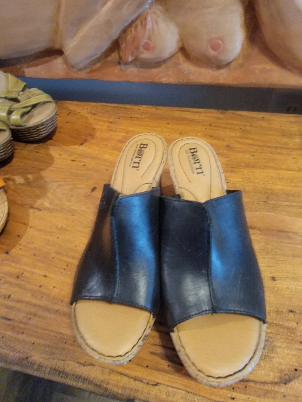 Born Size 7 Black Leather Cork Wedge Slide Sandals w/ 3